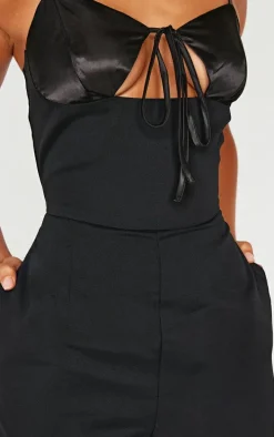 Petite Black Satin Cup Detail Straight Leg Jumpsuit