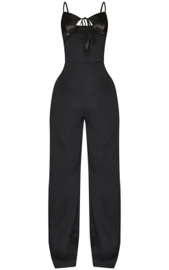 Petite Black Satin Cup Detail Straight Leg Jumpsuit