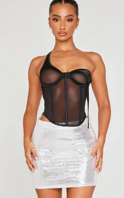 Petite Black Satin Detail Corset Top