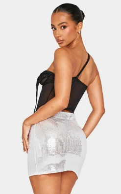 Petite Black Satin Detail Corset Top