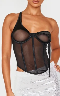 Petite Black Satin Detail Corset Top