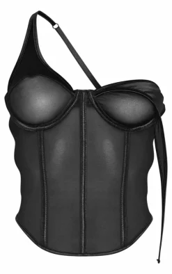 Petite Black Satin Detail Corset Top
