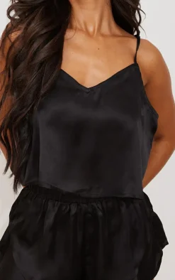 Petite Black Satin Frill Cami Short PJ Set