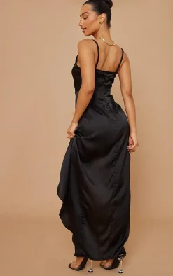 Petite Black Satin Wrap Detail Maxi Dress