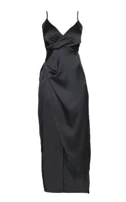 Petite Black Satin Wrap Detail Maxi Dress