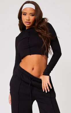 Petite Black Seam Detail Long Sleeve Top