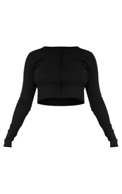 Petite Black Seam Detail Long Sleeve Top