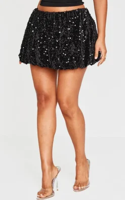 Petite Black Sequin Belt Detail Puffball Mini Skirt