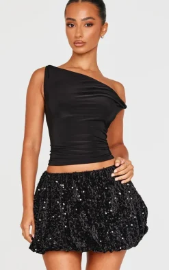 Petite Black Sequin Belt Detail Puffball Mini Skirt