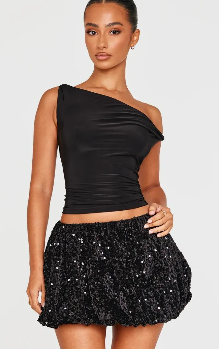 Petite Black Sequin Belt Detail Puffball Mini Skirt