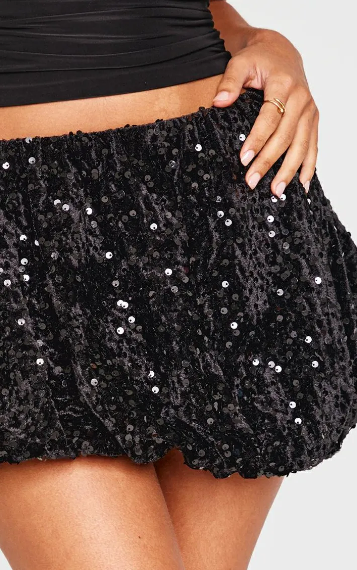 Petite Black Sequin Belt Detail Puffball Mini Skirt