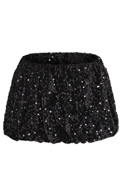 Petite Black Sequin Belt Detail Puffball Mini Skirt