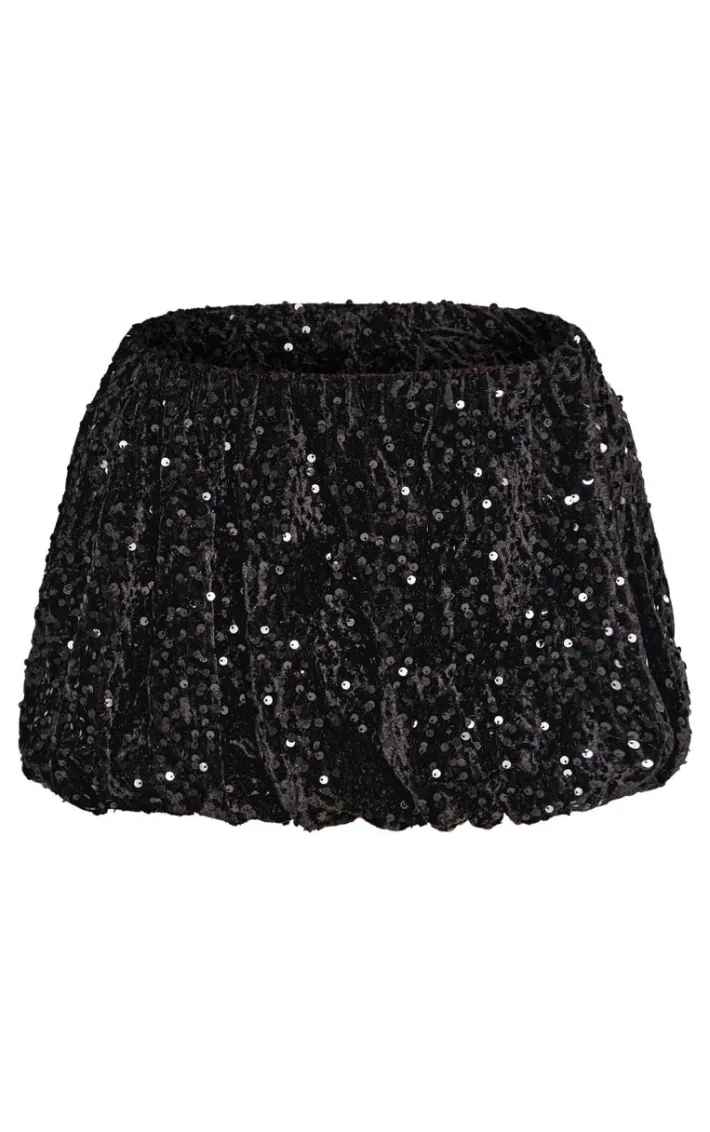 Petite Black Sequin Belt Detail Puffball Mini Skirt