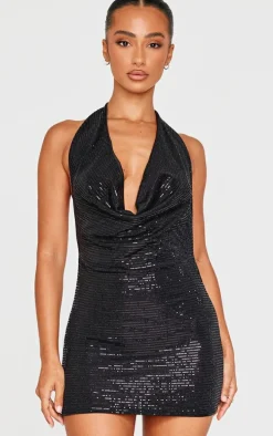Petite Black Sequin Cowl Neck Open Back Mini Dress