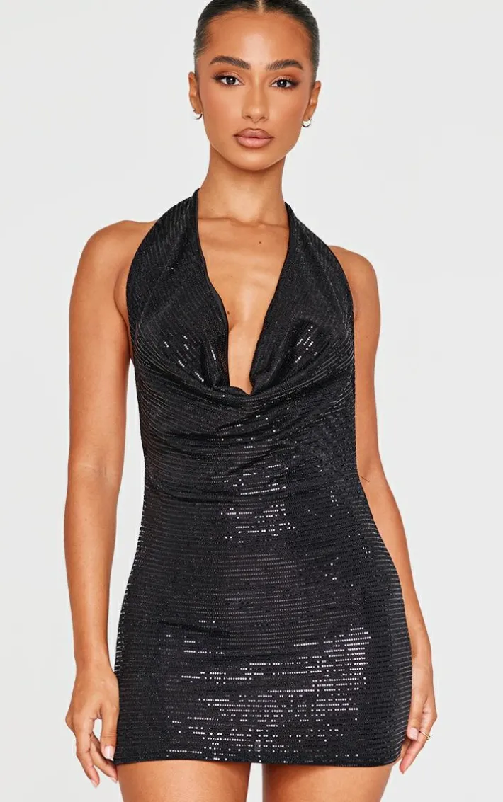 Petite Black Sequin Cowl Neck Open Back Mini Dress