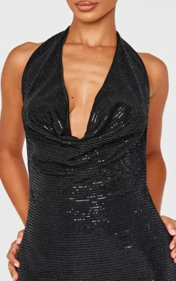 Petite Black Sequin Cowl Neck Open Back Mini Dress