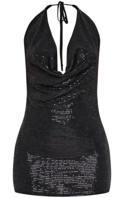 Petite Black Sequin Cowl Neck Open Back Mini Dress