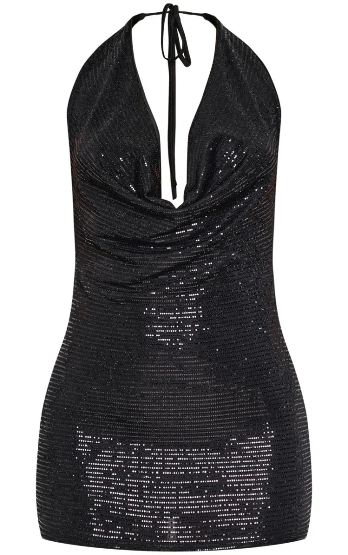 Petite Black Sequin Cowl Neck Open Back Mini Dress