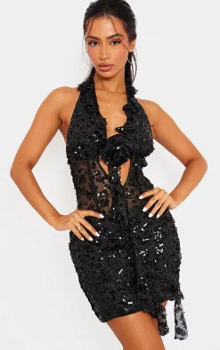 Petite Black Sequin Mini Dress With Rose Detail