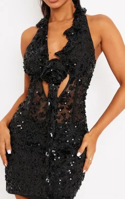 Petite Black Sequin Mini Dress With Rose Detail