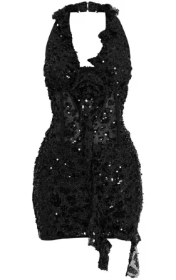 Petite Black Sequin Mini Dress With Rose Detail