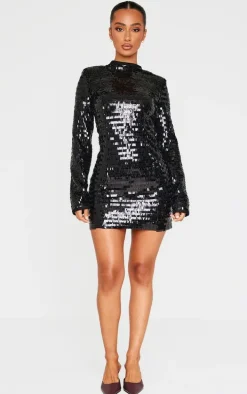 Petite Black Sequin Shoulder Pad Micro Mini Dress