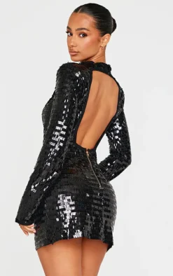 Petite Black Sequin Shoulder Pad Micro Mini Dress