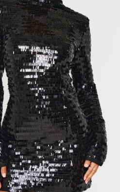 Petite Black Sequin Shoulder Pad Micro Mini Dress