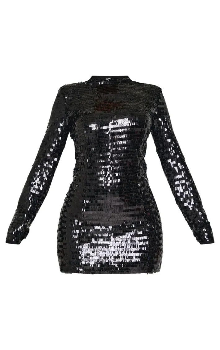 Petite Black Sequin Shoulder Pad Micro Mini Dress