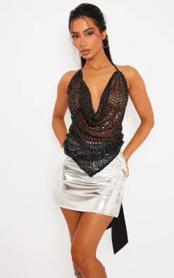 Petite Black Sequin Tie Back Crop Top