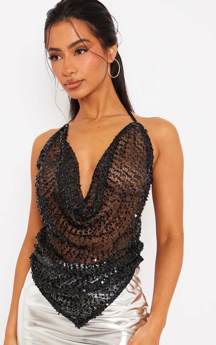 Petite Black Sequin Tie Back Crop Top