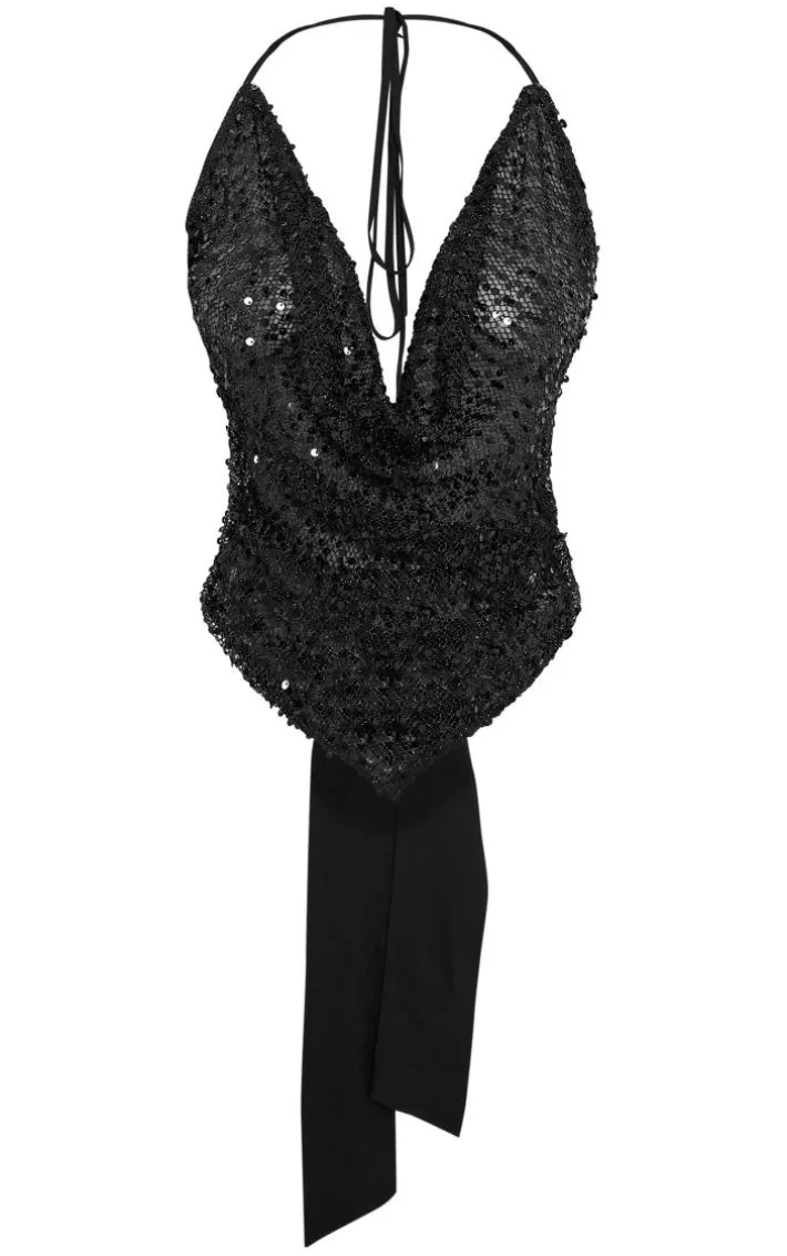 Petite Black Sequin Tie Back Crop Top