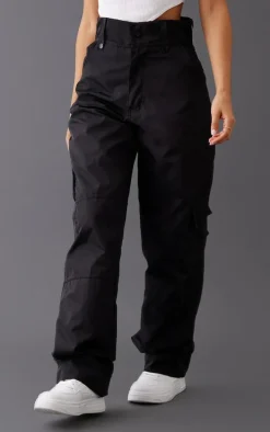 Petite Black Shell Straight Cargo Pocket Sweatpants