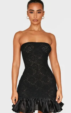 Petite Black Shirred Bandeau Ruffle Hem Mini Dress