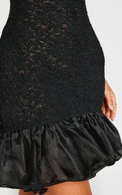 Petite Black Shirred Bandeau Ruffle Hem Mini Dress