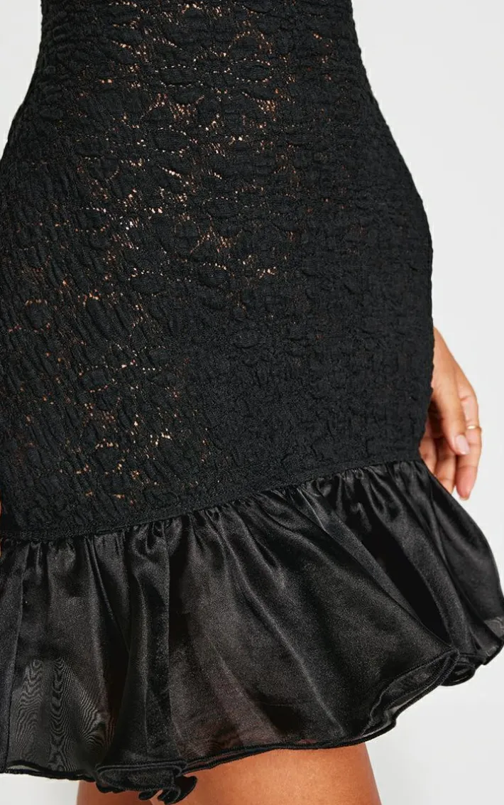 Petite Black Shirred Bandeau Ruffle Hem Mini Dress