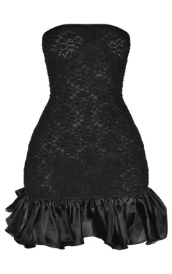 Petite Black Shirred Bandeau Ruffle Hem Mini Dress