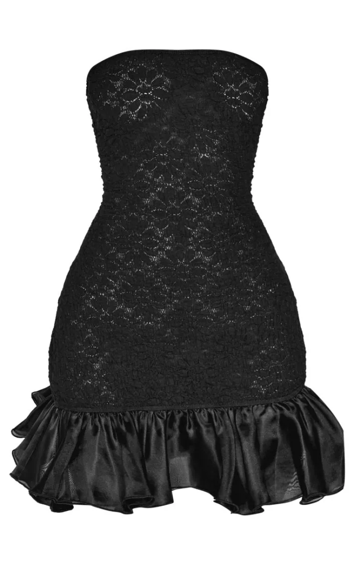 Petite Black Shirred Bandeau Ruffle Hem Mini Dress