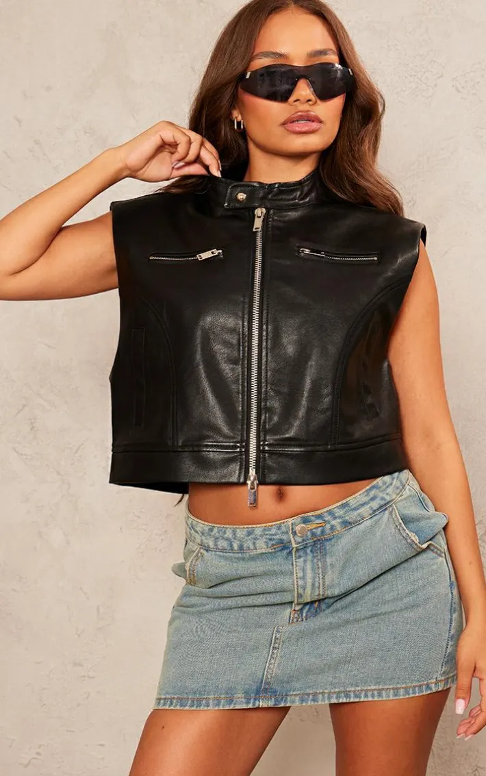 Petite Black Sleeveless Collared Faux Leather Vest