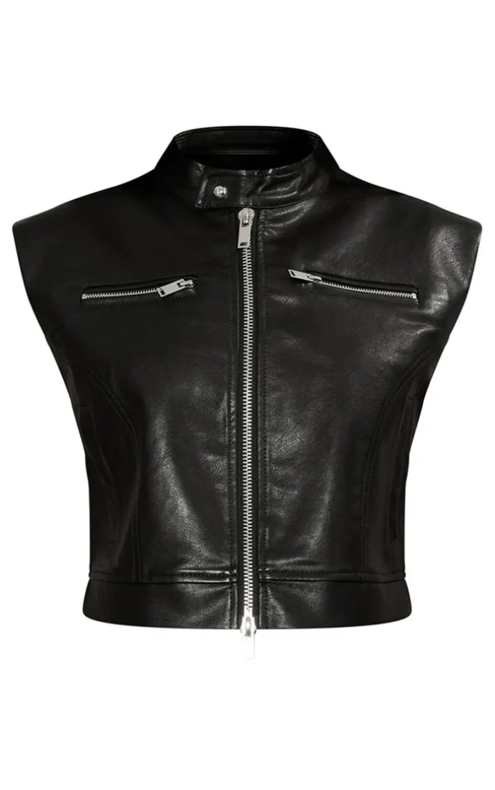 Petite Black Sleeveless Collared Faux Leather Vest
