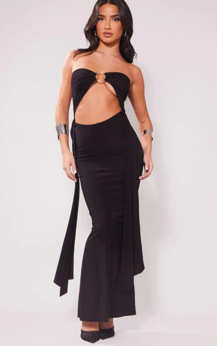 Petite Black Slinky Bandeau Cut Out Maxi Dress