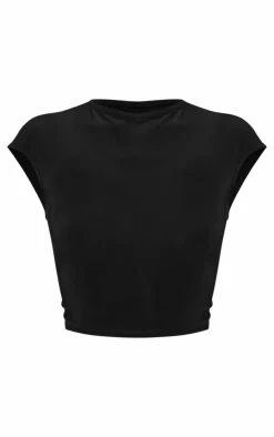 Petite Black Slinky Cap Sleeve Crop Top