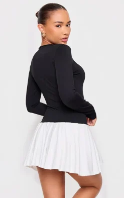 Petite Black Slinky Contrast Pleat Detail Long Sleeve Mini Dress