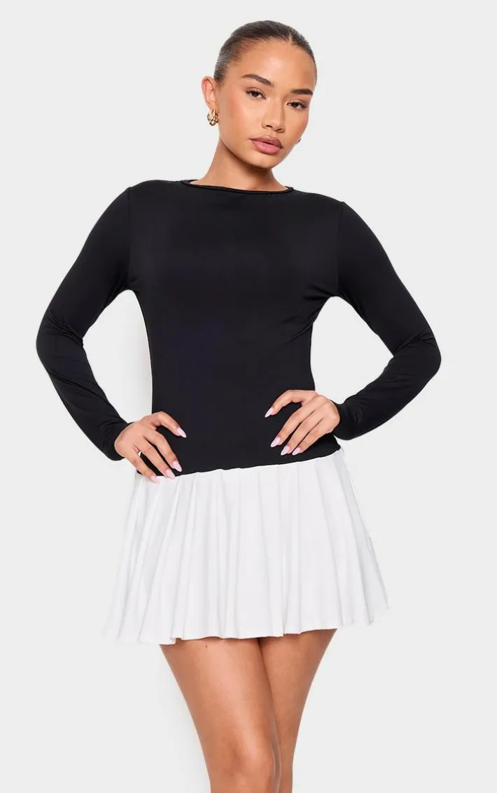 Petite Black Slinky Contrast Pleat Detail Long Sleeve Mini Dress