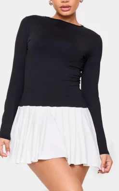 Petite Black Slinky Contrast Pleat Detail Long Sleeve Mini Dress