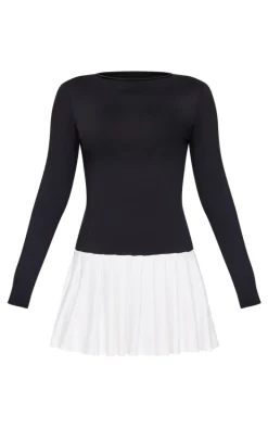 Petite Black Slinky Contrast Pleat Detail Long Sleeve Mini Dress