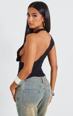 Petite Black Slinky Cowl Neck Open Back Long Top