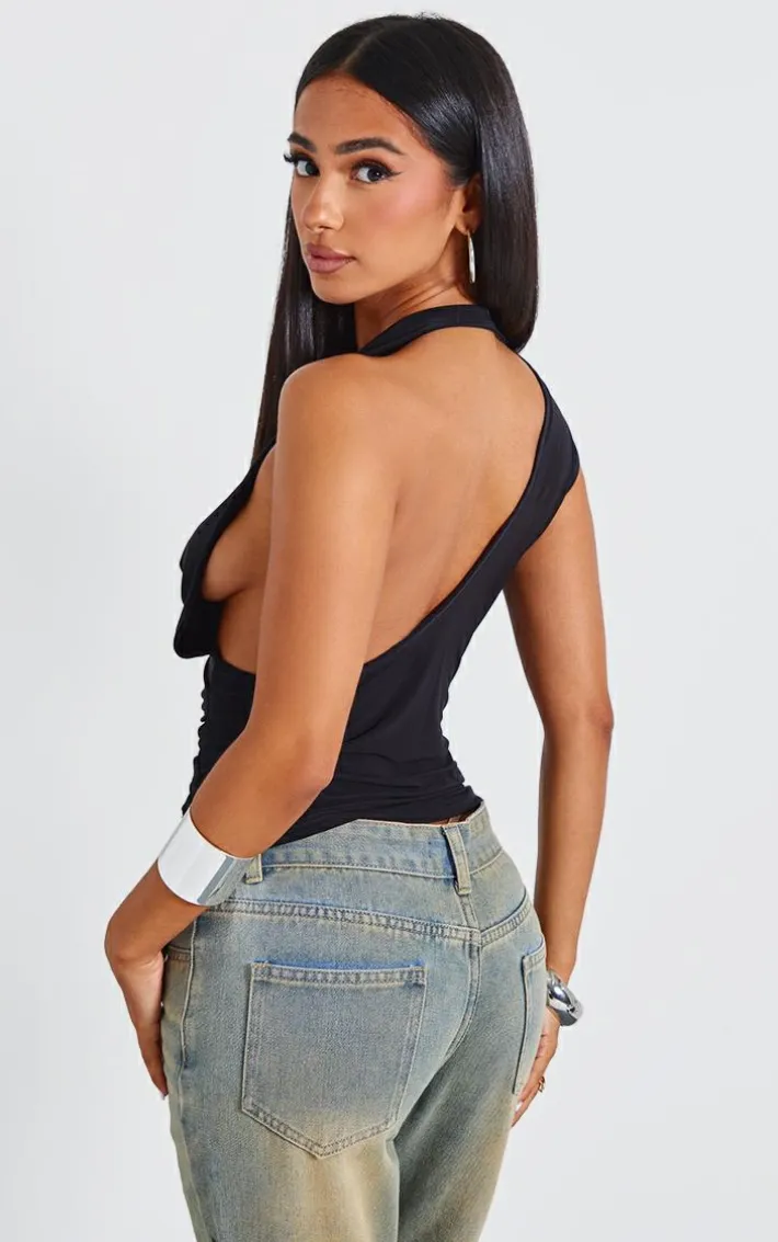 Petite Black Slinky Cowl Neck Open Back Long Top