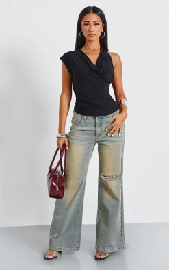 Petite Black Slinky Cowl Neck Open Back Long Top