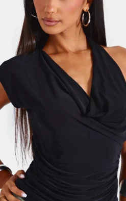 Petite Black Slinky Cowl Neck Open Back Long Top